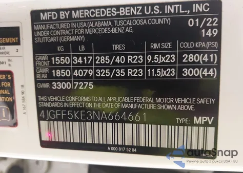 2022 Mercedes-Benz Gls 450 4Matic z USA, uszkodzony, nr VIN 4JGFF5KE3NA664661